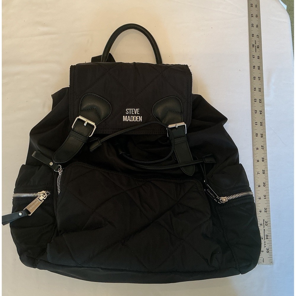 Steve Madden Quilted Black Silver Hardware Backpack Purse Large Travel Bag - Picture 11 of 11